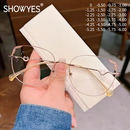 Model 688 Blue Anti Light Women Myopia Glasses Custom Prescription Rimless Eyeglasses Frame With Charm Hoop Decoration Oversize Eyewear