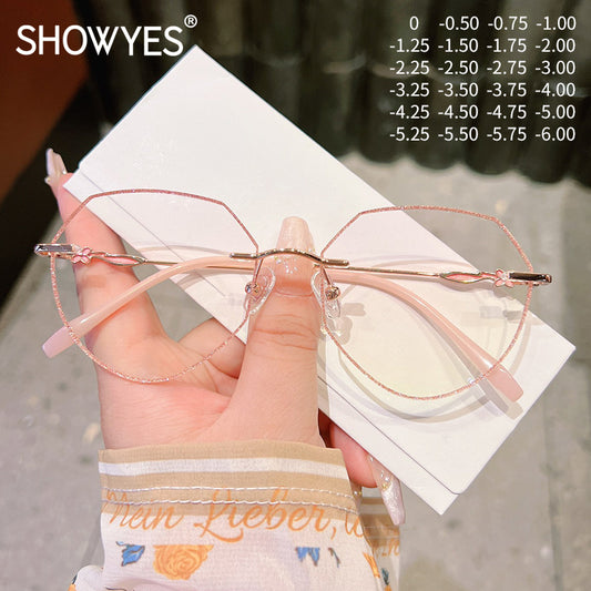 Model 861 Oversized Rimless Anti Blue Light Myopia Women's Glasses Prescription Nearsighted Women Eyeglasses Small Flower Temples Eyewear