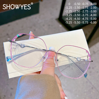 Model 688S Woman's Eyeglasses Myopia Rimless Glasses Purple Frame Charm Hoop Decorative Anti Blue Light Eyewear Customizable CYL Degree