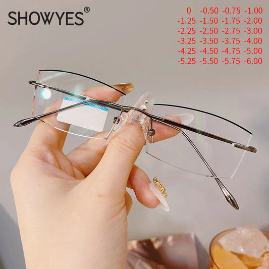 Model 8020 New Business Men Luxury Rimless Myopia Glasses Simple And Generous Lens Frameless Diamond Cutting Bluelight Blocking Eyewear