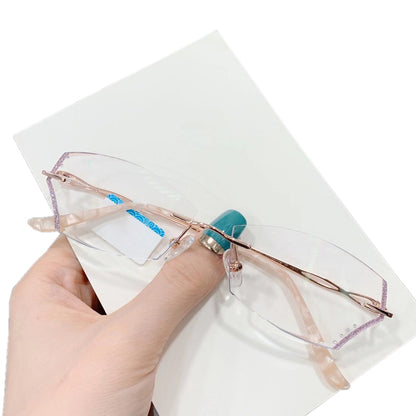 Model 1611 Anti Blue Light Titanium Prescription Glasses Women Rimless Eyeglasses Customized Myopia Princess Style Diamond Cutting Rimless