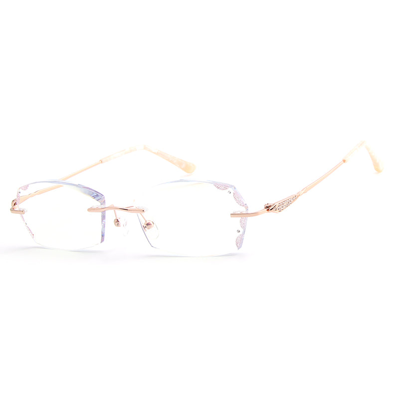 Model 8040 Bluelight Blocking Filter Rimless Myopia Women Prescription Glasses Frame Elegant Rhinestone Rose Gold Diamond Cutting Eyewear