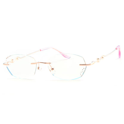 Model 1099 Anti Blue Light Filter Rimless Glasses Myopia Women Prescription Women's Eyewear Oval Frame with Pearl Accessories Lady Eyeglass