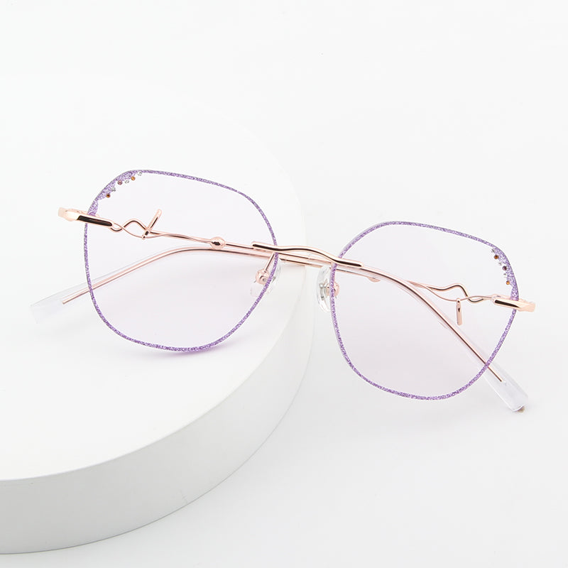 Model 690 Elegant Fashion Women's Eyeglasses With Purple Diamonds Rimless Glasses Anti Blue Light Customized Prescription Charming Eyewear