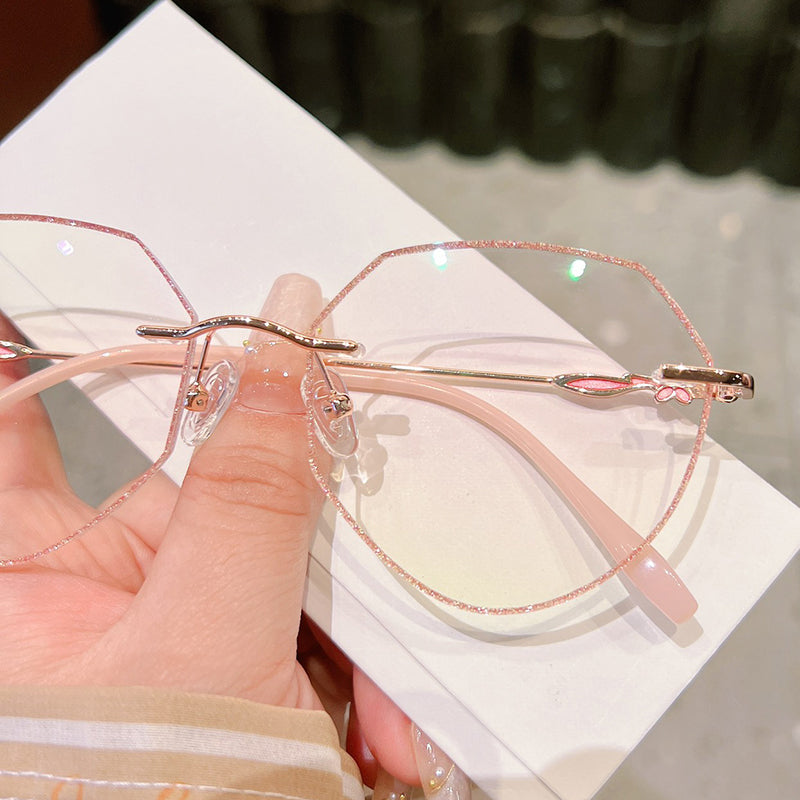 Model 861 Oversized Rimless Anti Blue Light Myopia Women's Glasses Prescription Nearsighted Women Eyeglasses Small Flower Temples Eyewear