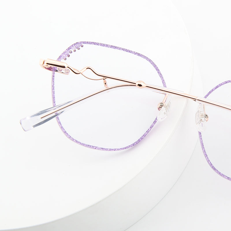 Gafas elegantes de moda para mujer con diamantes morados, gafas sin montura, gafas encantadoras con prescripción personalizada y luz azul