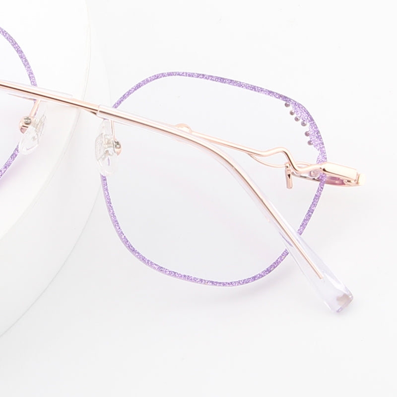 Gafas elegantes de moda para mujer con diamantes morados, gafas sin montura, gafas encantadoras con prescripción personalizada y luz azul