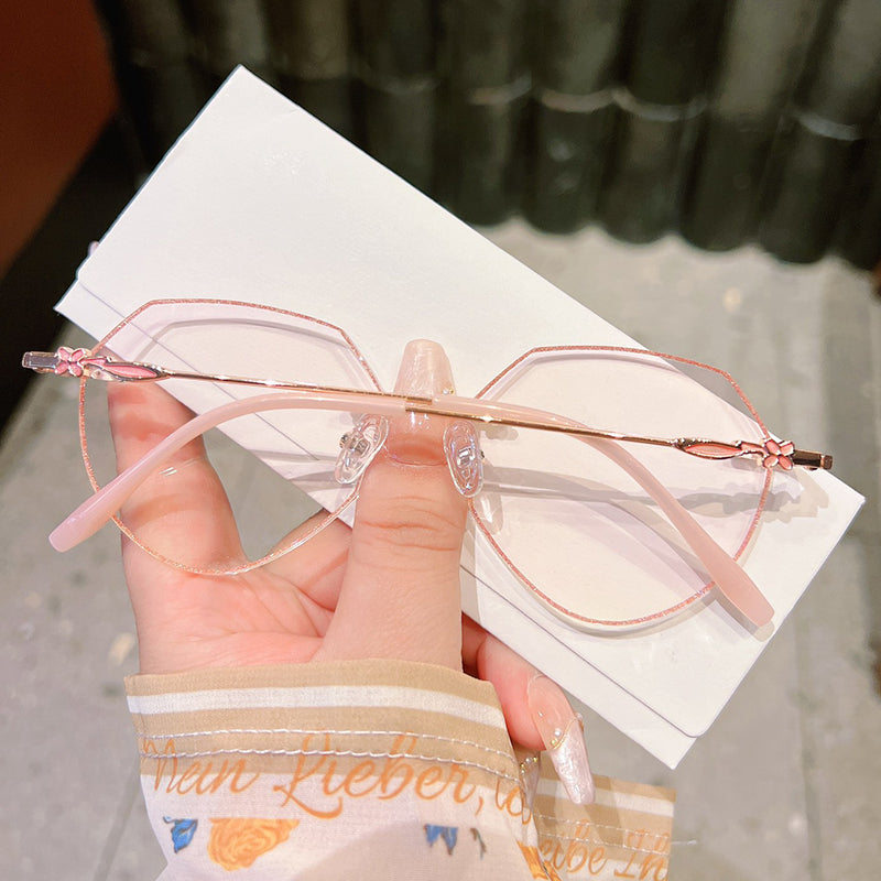 Model 861 Oversized Rimless Anti Blue Light Myopia Women's Glasses Prescription Nearsighted Women Eyeglasses Small Flower Temples Eyewear