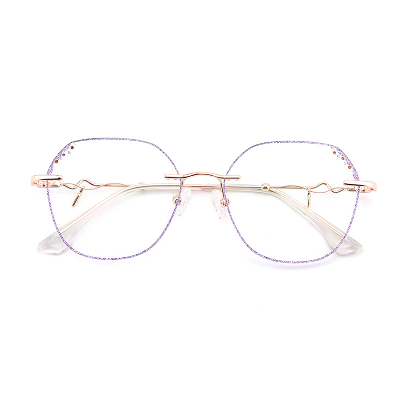 Gafas elegantes de moda para mujer con diamantes morados, gafas sin montura, gafas encantadoras con prescripción personalizada y luz azul