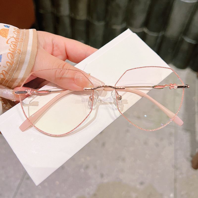 Model 861 Oversized Rimless Anti Blue Light Myopia Women's Glasses Prescription Nearsighted Women Eyeglasses Small Flower Temples Eyewear