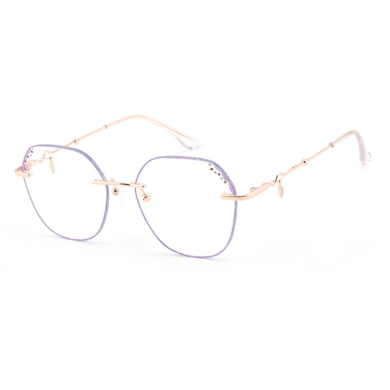 Gafas elegantes de moda para mujer con diamantes morados, gafas sin montura, gafas encantadoras con prescripción personalizada y luz azul