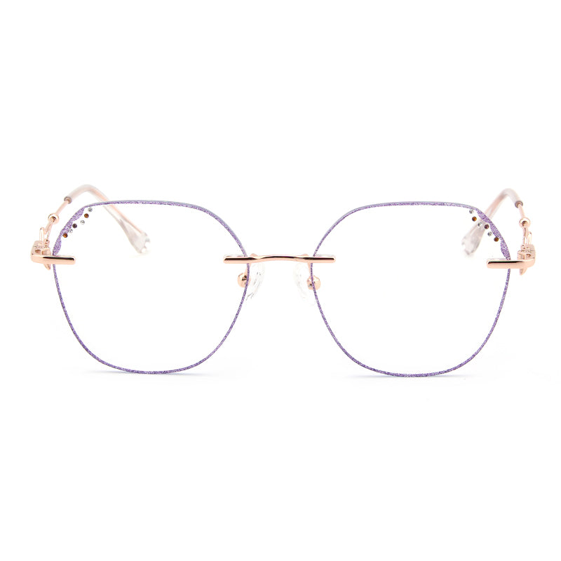 Gafas elegantes de moda para mujer con diamantes morados, gafas sin montura, gafas encantadoras con prescripción personalizada y luz azul