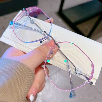 Model 688S Woman's Eyeglasses Myopia Rimless Glasses Purple Frame Charm Hoop Decorative Anti Blue Light Eyewear Customizable CYL Degree