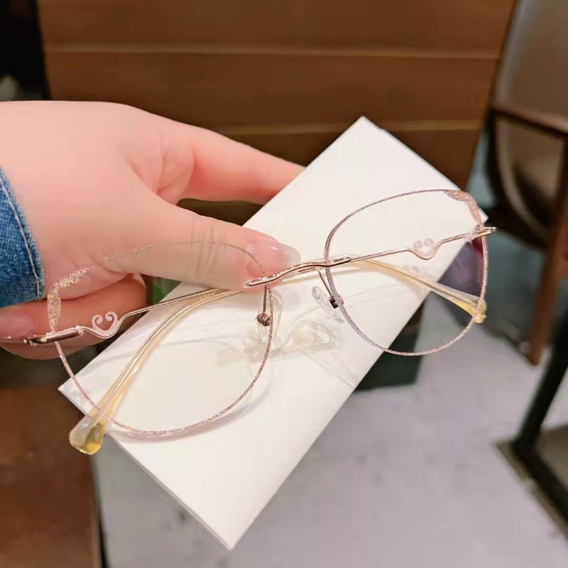 Model 688 Blue Anti Light Women Myopia Glasses Custom Prescription Rimless Eyeglasses Frame With Charm Hoop Decoration Oversize Eyewear