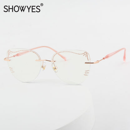 Model 670 Cat Glasses Photochromic Women Myopia Eyeglasses Rimless Custom Prescription Engraved Cat Pattern Decorative For Sun Eyewear