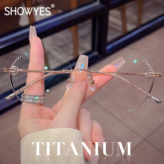 Model 99563 Oversized Anti Blue Light Titanium Women Rimless Glasses Myopia Eyeglasses Custom Prescription Computer Eyewear