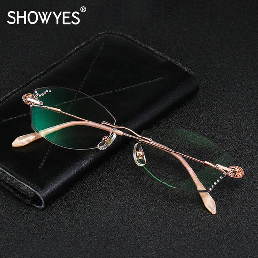 Model DG200 SHOWYES New Designer Eyeglasses Frames Woman Myopia Anti Blue Filter Optical Glasses Rimless Lightweight Diamond Decorative Eyewear