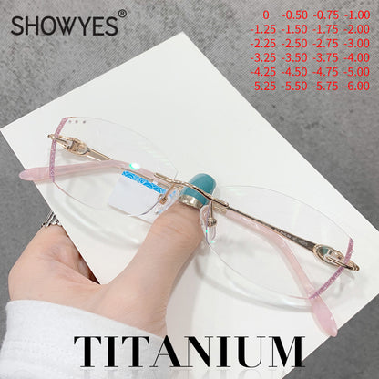 Model 1805 Anti Blue Light Titanium Prescription Glasses Women's Ti Computer Eyeglasses Myopia Fashion Girl Pink Diamond Cutting Eyeglasses