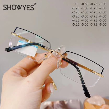 Model 8047 Anti Blue Light Filter Rimless Glasses Myopia Business Men Eyeglasses Prescription Nearsighted Frameless Diamond Cutting Eyewear