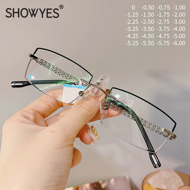 Model 1025 Business Style Anti Blue Light Filter Myopia Glasses Men Rimless Computer Eyeglasses Customized CYL Eyewear Diamond Cutting