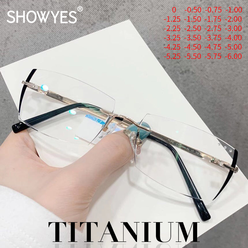 Model 1816 Bluelight Blocking Filter Rimless Titanium Glasses Myopia Men Eyeglasses Diamond Cutting Ti Optical Eyewear Spectacles Male