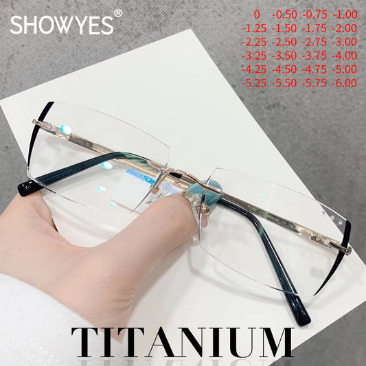 Model 1816 Bluelight Blocking Filter Rimless Titanium Glasses Myopia Men Eyeglasses Diamond Cutting Ti Optical Eyewear Spectacles Male