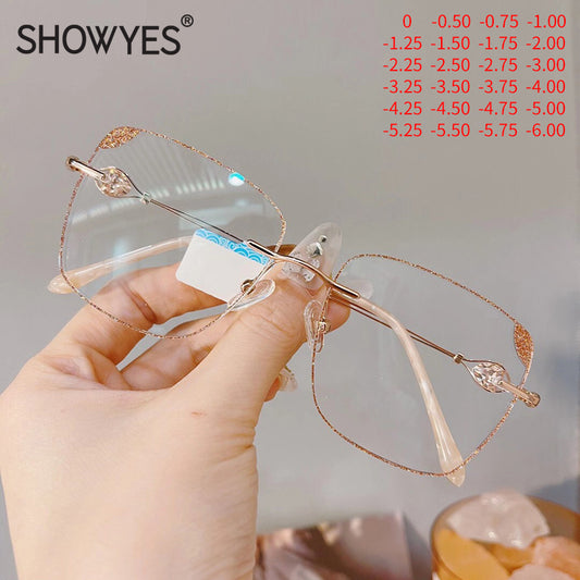 Model 8009 Oversized Anti Blue Light Filter Rimless Glasses Myopia Women Computer Eyeglasses Optical Glasses Frame for Elegant Lady Eyewear