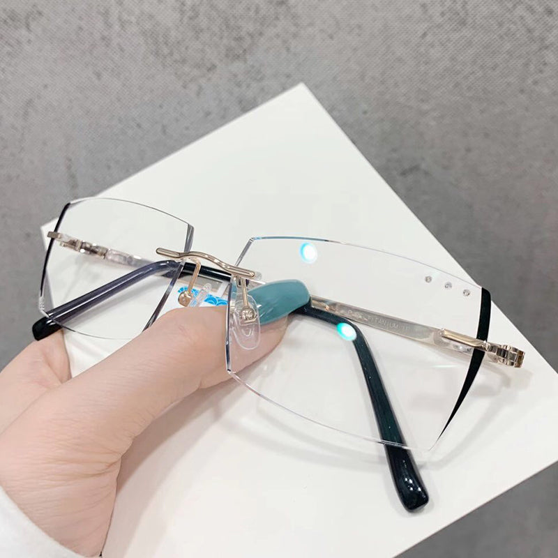 Model 1816 Bluelight Blocking Filter Rimless Titanium Glasses Myopia Men Eyeglasses Diamond Cutting Ti Optical Eyewear Spectacles Male