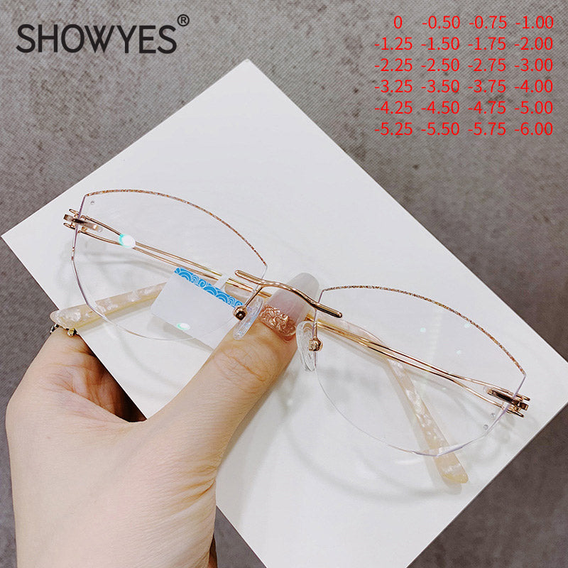 Model 1096 Oversized Anti Blue Light Filter Rimless Myopia Glasses Women Computer Eyeglasses Customized Rhinestone Elegant Lady Eyewear