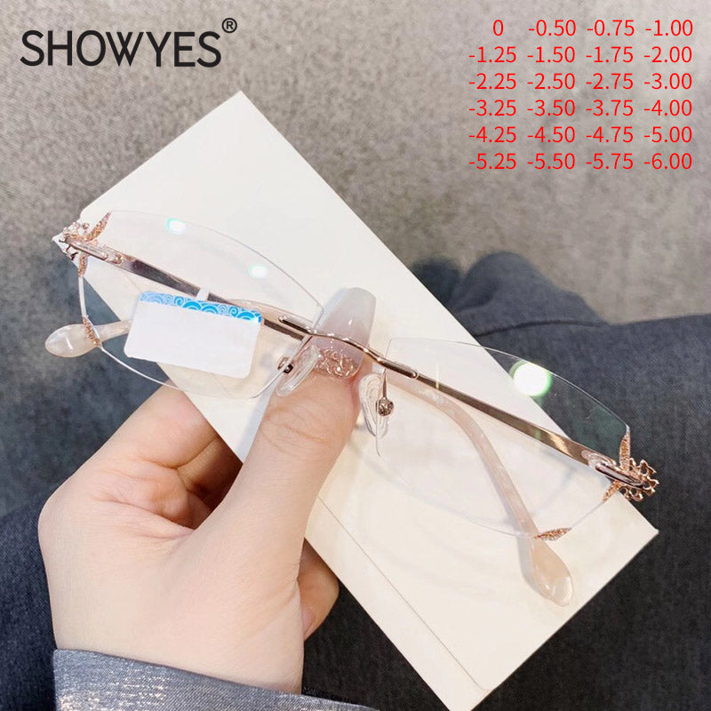 Model 8042 Anti Blue Light Glasses Women Rimless Eyeglasses Snowflake Style Frame Computer Prescription Frameless Diamond Cutting Eyewear