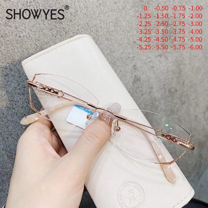 Model 8045 High Quality Anti Blue Light Prescription Glasses Women Rimless Computer Eyeglasses Customized Big Diamond Myopia Eyewear