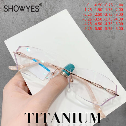 Model 1611 Anti Blue Light Titanium Prescription Glasses Women Rimless Eyeglasses Customized Myopia Princess Style Diamond Cutting Rimless