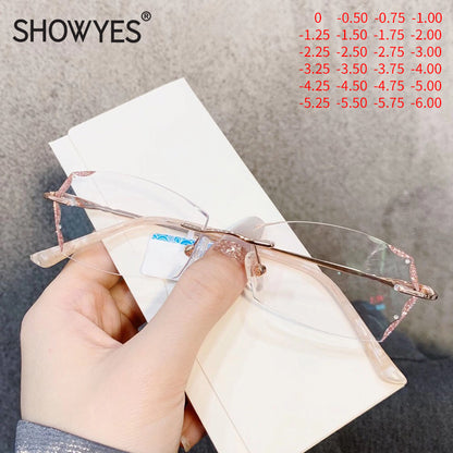 Model 8040 Bluelight Blocking Filter Rimless Myopia Women Prescription Glasses Frame Elegant Rhinestone Rose Gold Diamond Cutting Eyewear