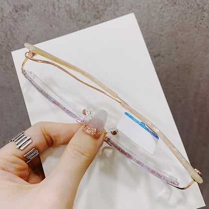 Model 1096 Oversized Anti Blue Light Filter Rimless Myopia Glasses Women Computer Eyeglasses Customized Rhinestone Elegant Lady Eyewear