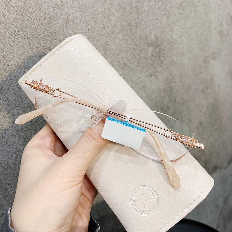 Model 8045 High Quality Anti Blue Light Prescription Glasses Women Rimless Computer Eyeglasses Customized Big Diamond Myopia Eyewear