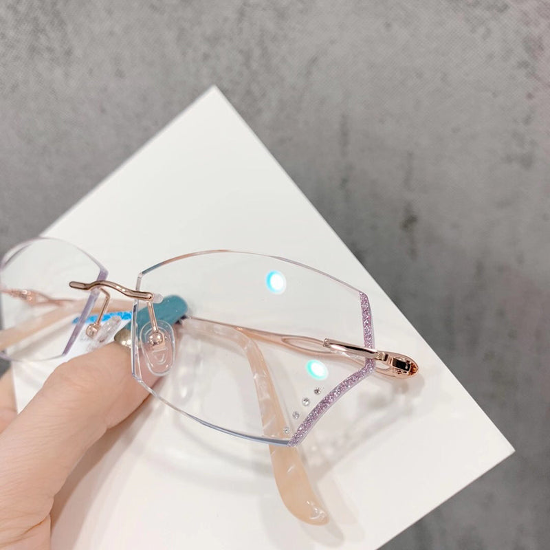 Model 1611 Anti Blue Light Titanium Prescription Glasses Women Rimless Eyeglasses Customized Myopia Princess Style Diamond Cutting Rimless