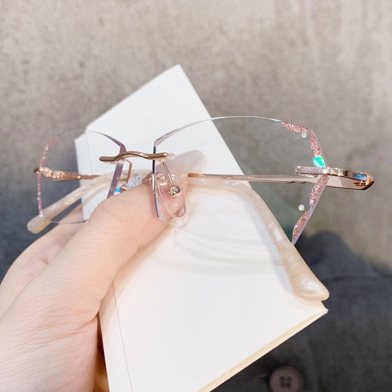 Model 8040 Bluelight Blocking Filter Rimless Myopia Women Prescription Glasses Frame Elegant Rhinestone Rose Gold Diamond Cutting Eyewear