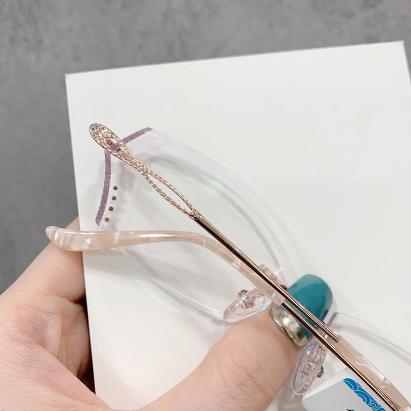 Model 1611 Anti Blue Light Titanium Prescription Glasses Women Rimless Eyeglasses Customized Myopia Princess Style Diamond Cutting Rimless