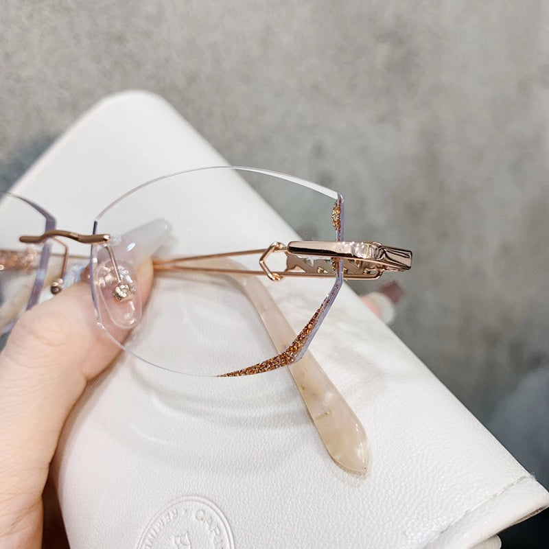 Model 8045 High Quality Anti Blue Light Prescription Glasses Women Rimless Computer Eyeglasses Customized Big Diamond Myopia Eyewear