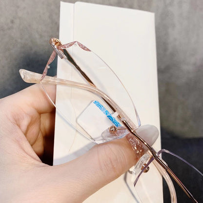 Model 8040 Bluelight Blocking Filter Rimless Myopia Women Prescription Glasses Frame Elegant Rhinestone Rose Gold Diamond Cutting Eyewear