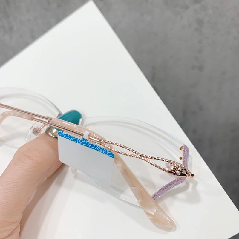 Model 1611 Anti Blue Light Titanium Prescription Glasses Women Rimless Eyeglasses Customized Myopia Princess Style Diamond Cutting Rimless