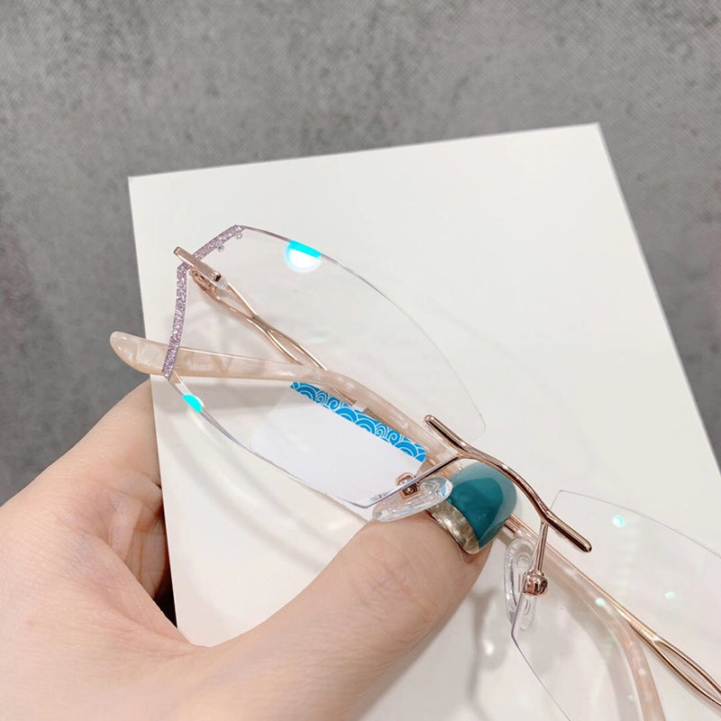 Model 1611 Anti Blue Light Titanium Prescription Glasses Women Rimless Eyeglasses Customized Myopia Princess Style Diamond Cutting Rimless