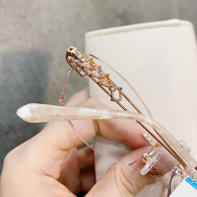 Model 8045 High Quality Anti Blue Light Prescription Glasses Women Rimless Computer Eyeglasses Customized Big Diamond Myopia Eyewear