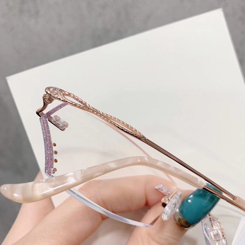 Model 1611 Anti Blue Light Titanium Prescription Glasses Women Rimless Eyeglasses Customized Myopia Princess Style Diamond Cutting Rimless