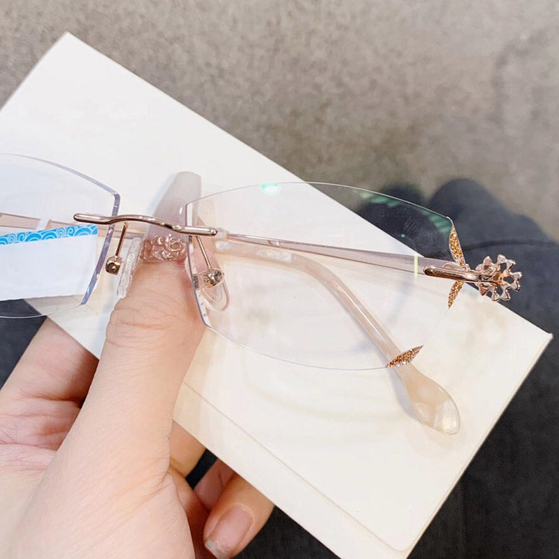 Model 8042 Anti Blue Light Glasses Women Rimless Eyeglasses Snowflake Style Frame Computer Prescription Frameless Diamond Cutting Eyewear