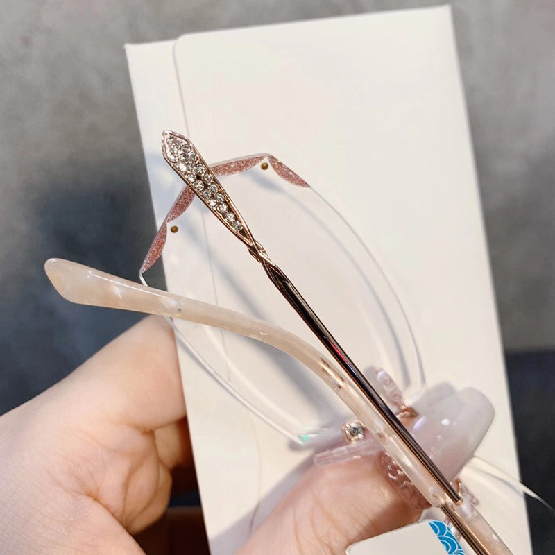 Model 8040 Bluelight Blocking Filter Rimless Myopia Women Prescription Glasses Frame Elegant Rhinestone Rose Gold Diamond Cutting Eyewear