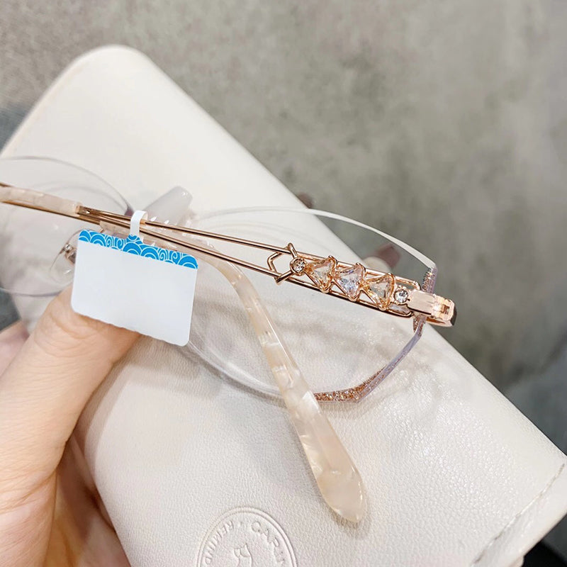 Model 8045 High Quality Anti Blue Light Prescription Glasses Women Rimless Computer Eyeglasses Customized Big Diamond Myopia Eyewear