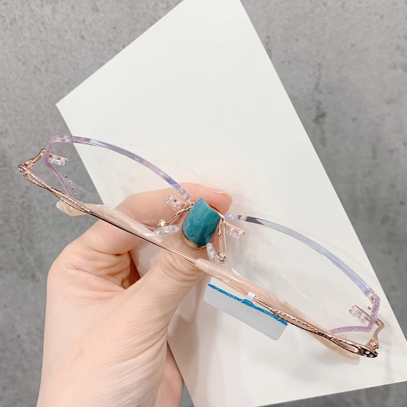 Model 1611 Anti Blue Light Titanium Prescription Glasses Women Rimless Eyeglasses Customized Myopia Princess Style Diamond Cutting Rimless