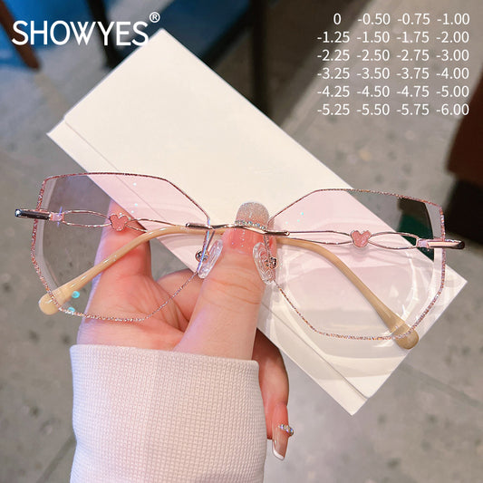 Model 682 Women Decorative Plain Glasses Big Lens With Heart Anti Blue Light Computer Custom Myopia Rimless Eyewear Mouse Pattern Frame