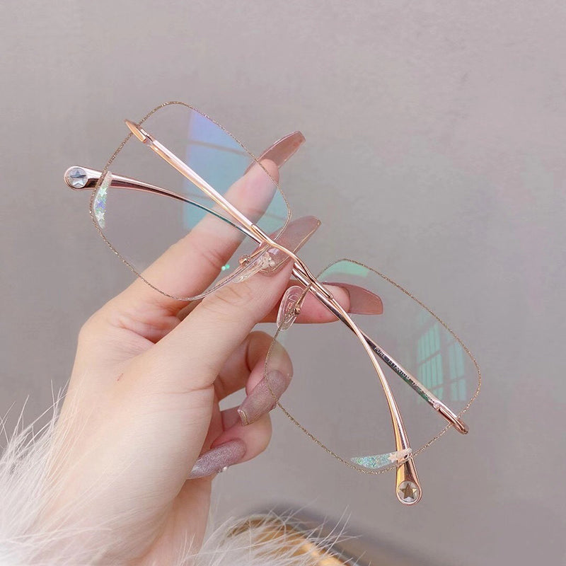 Model 8888 Oversized Bluelight Blocking Filter Rimless Glasses Myopia Women Eyeglasses Star Legs With Rhinestone Fashion Girl Ti Eyewear